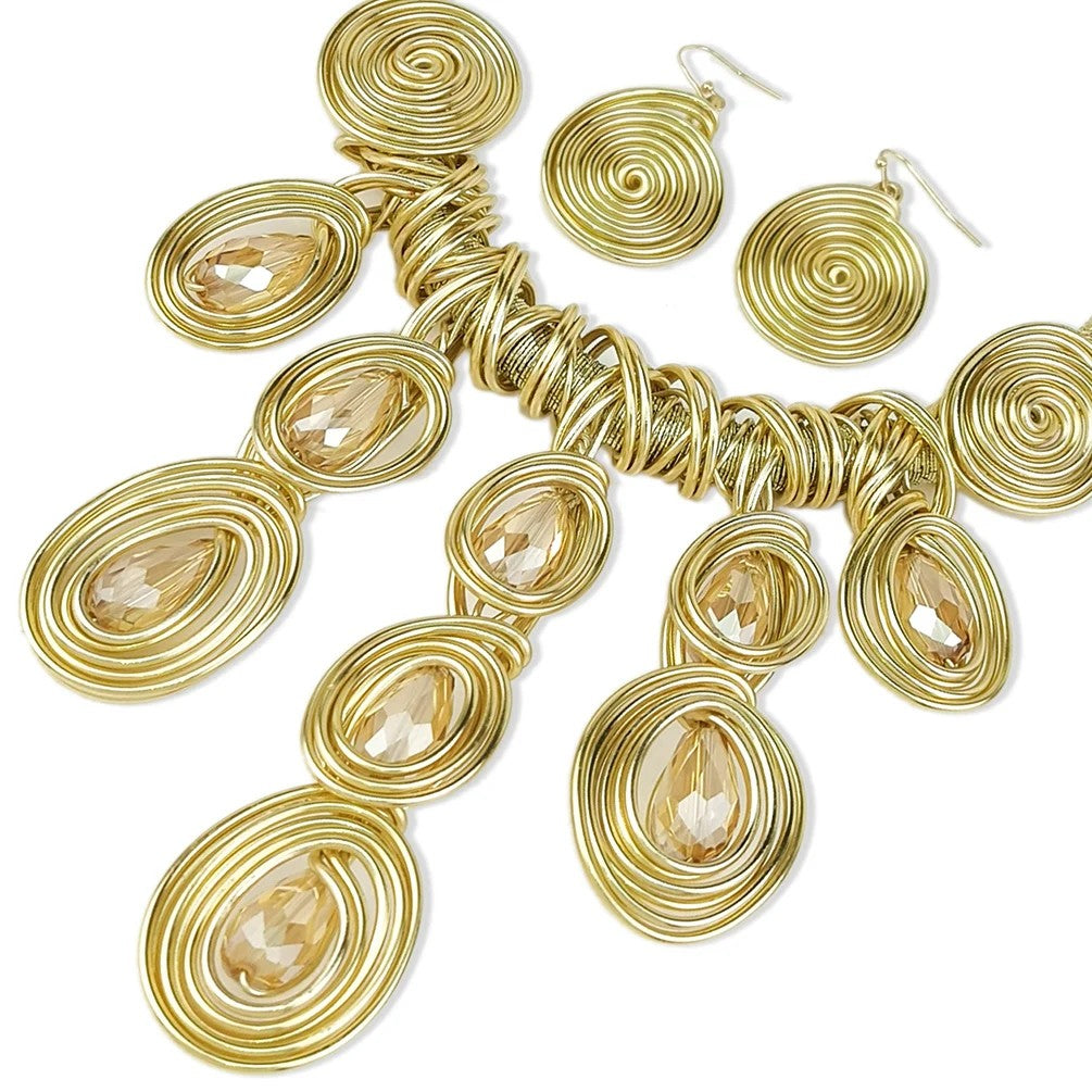 Gold Spiral Bib Necklace & Earring Set