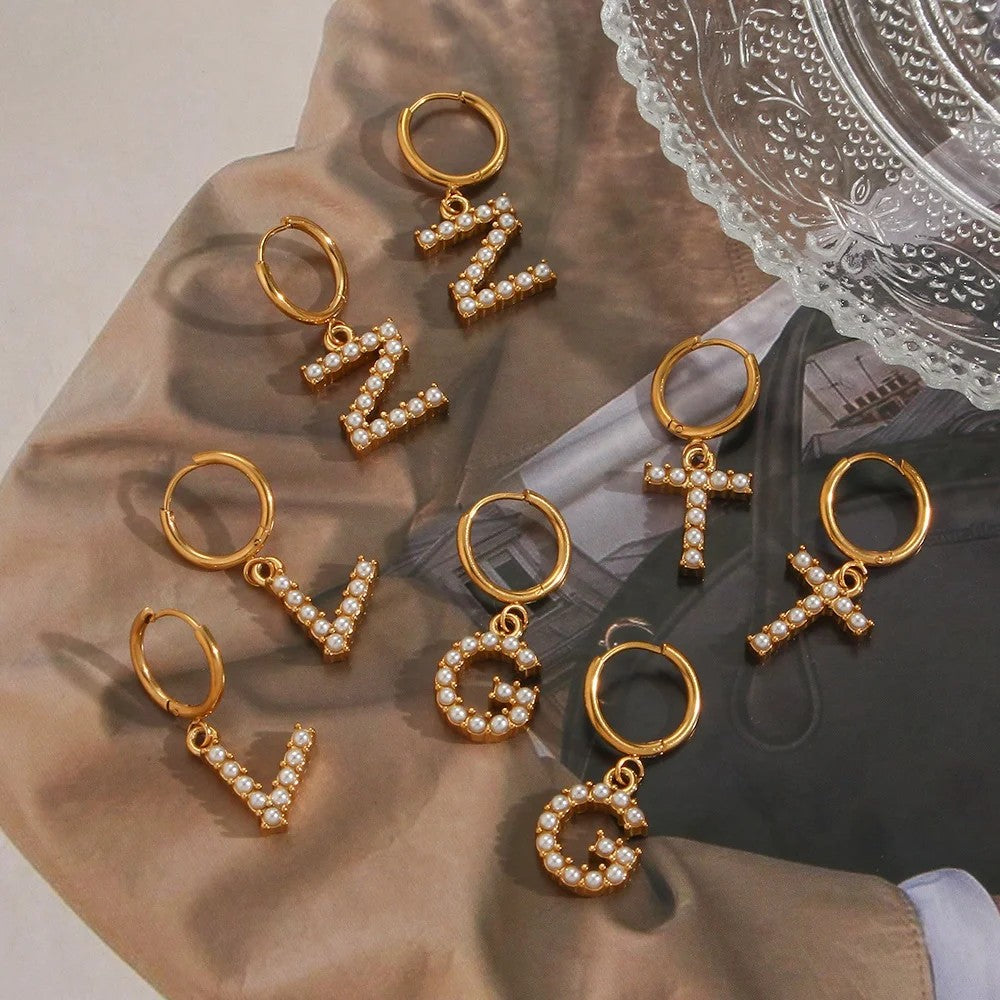 Pearl Initial Hoop Earrings