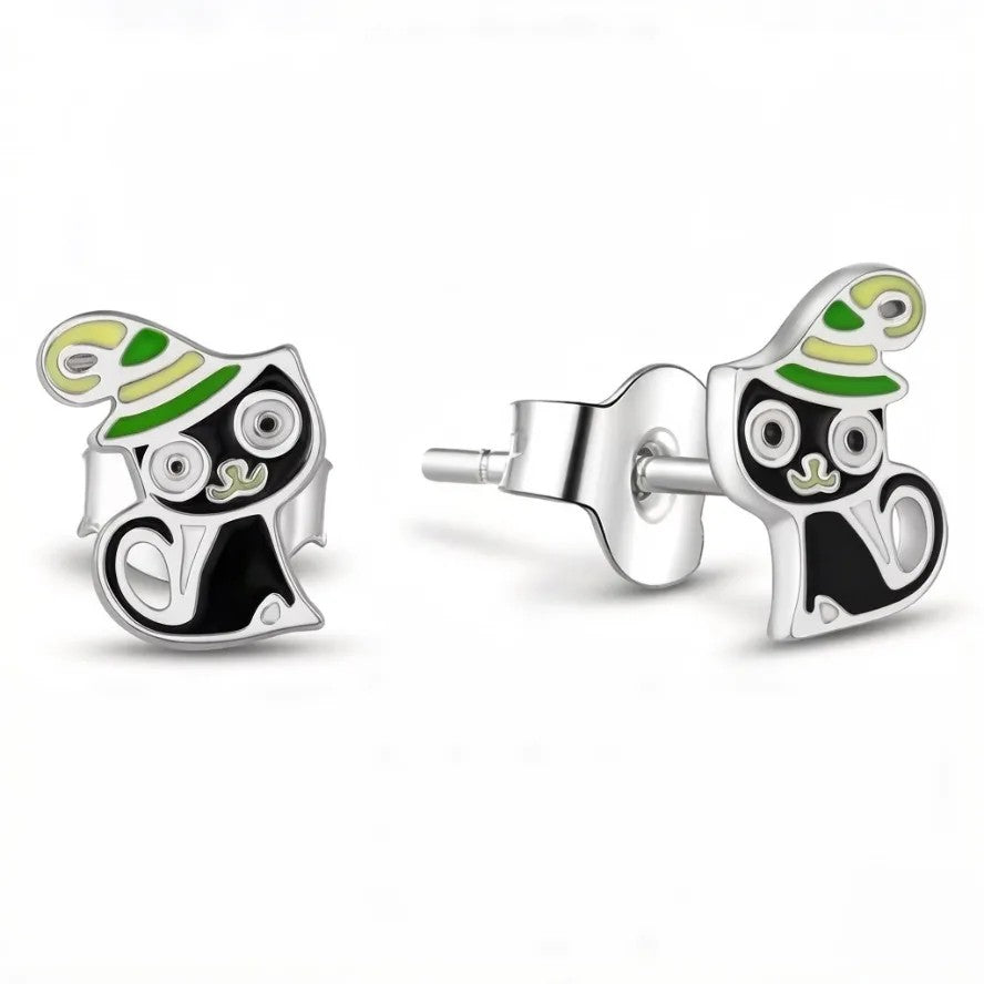 Enamel Witch Cat Stud Earrings