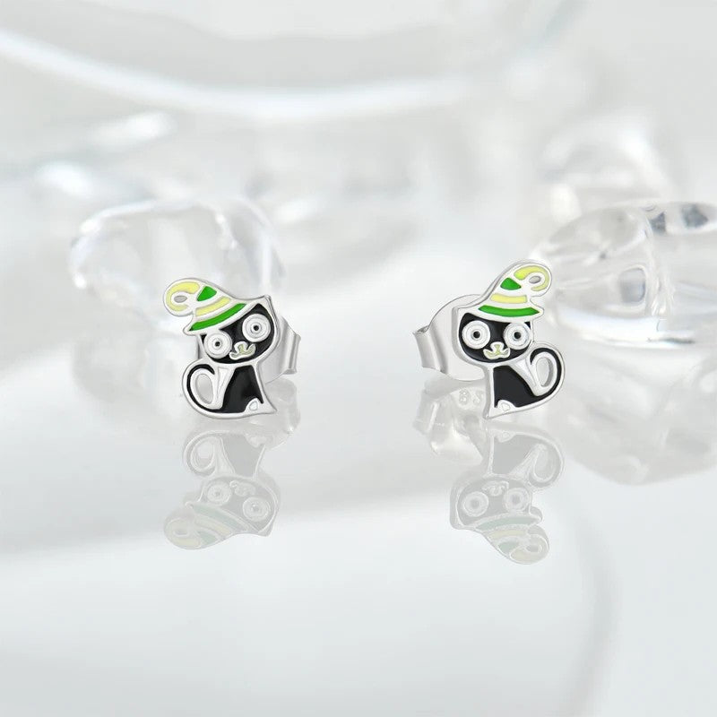 Enamel Witch Cat Stud Earrings