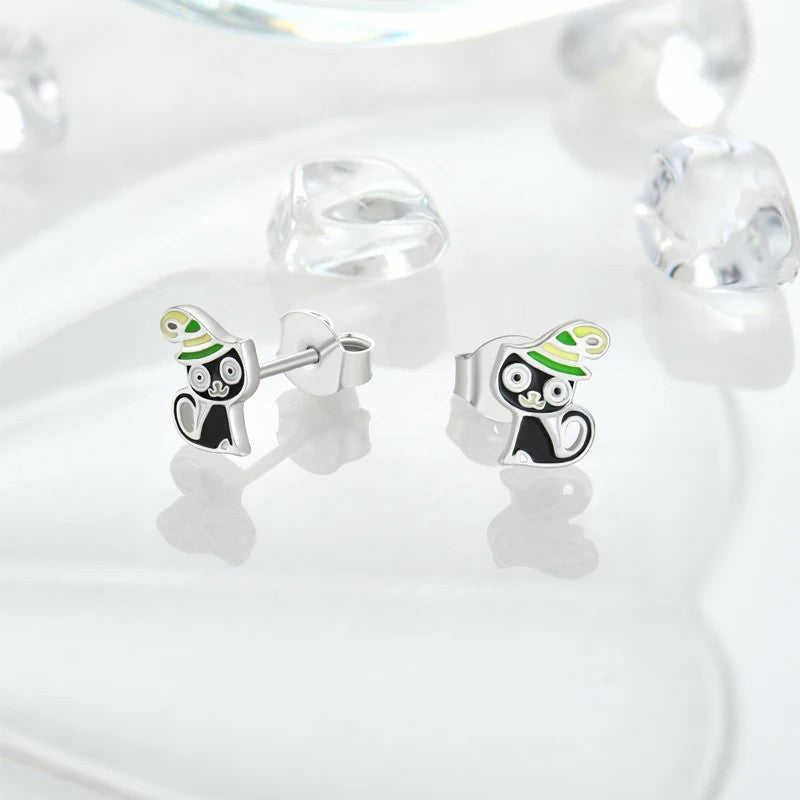 Enamel Witch Cat Stud Earrings