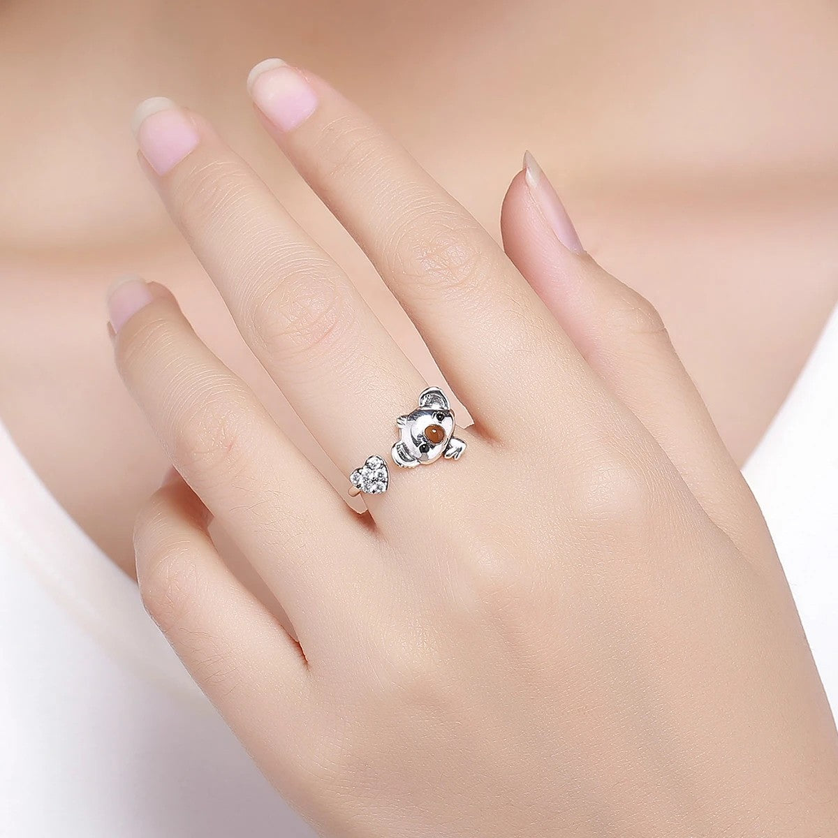 Koala & Crystal Heart Open Ring