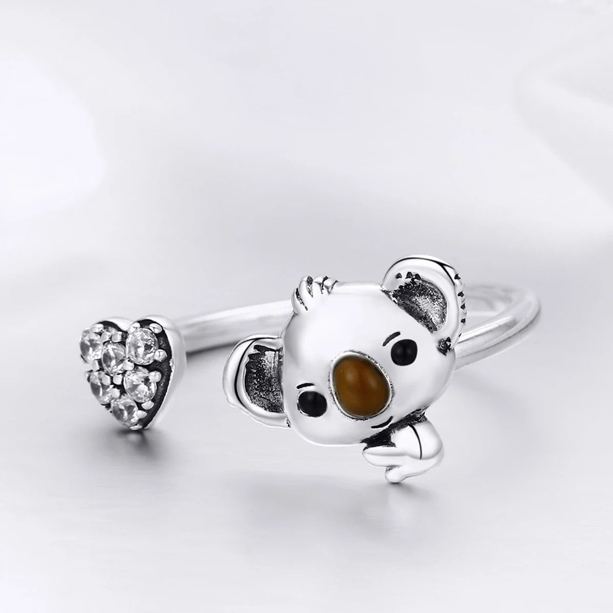 Koala & Crystal Heart Open Ring