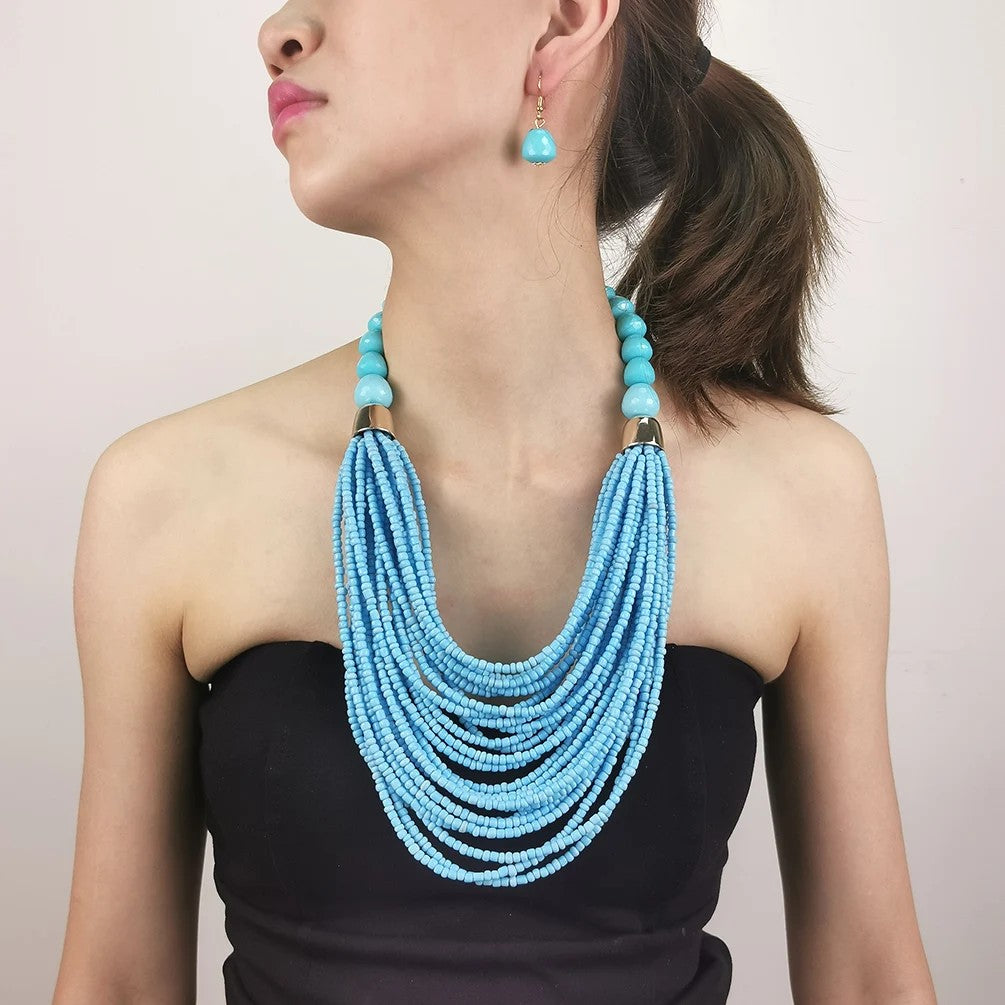 Coral Seed Bead Necklace & Earring Set