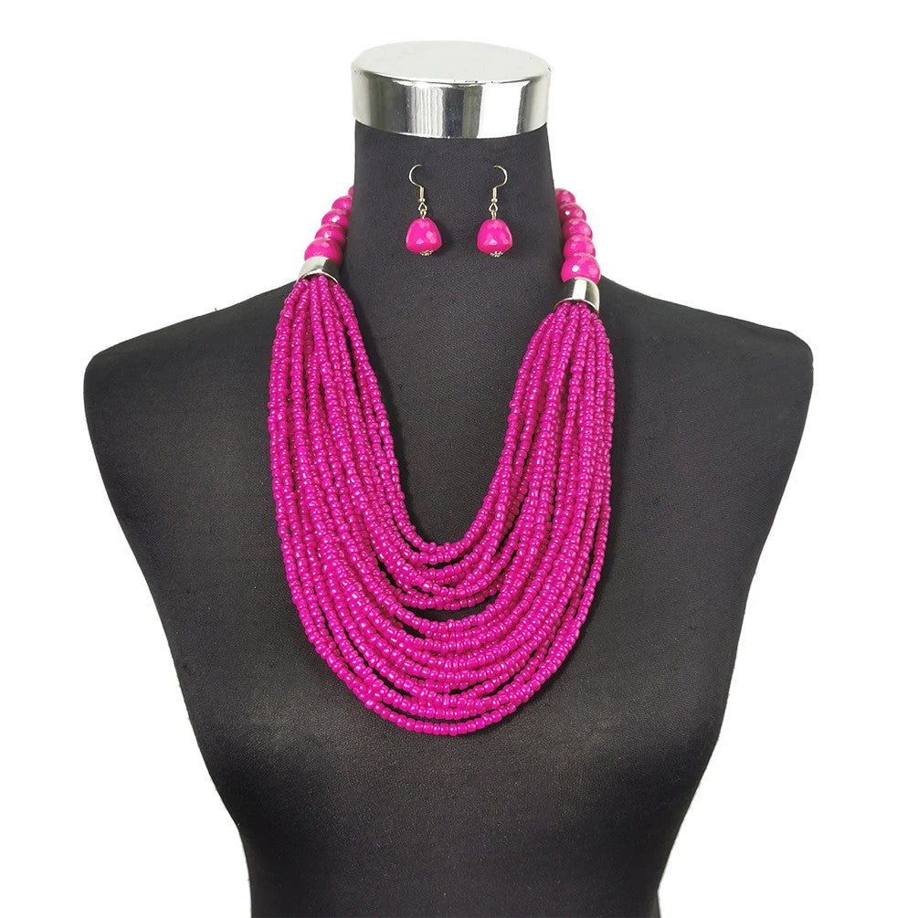 Coral Seed Bead Necklace & Earring Set