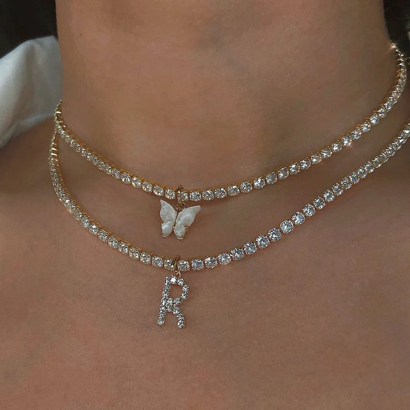Crystal Initial Butterfly Tennis Necklace