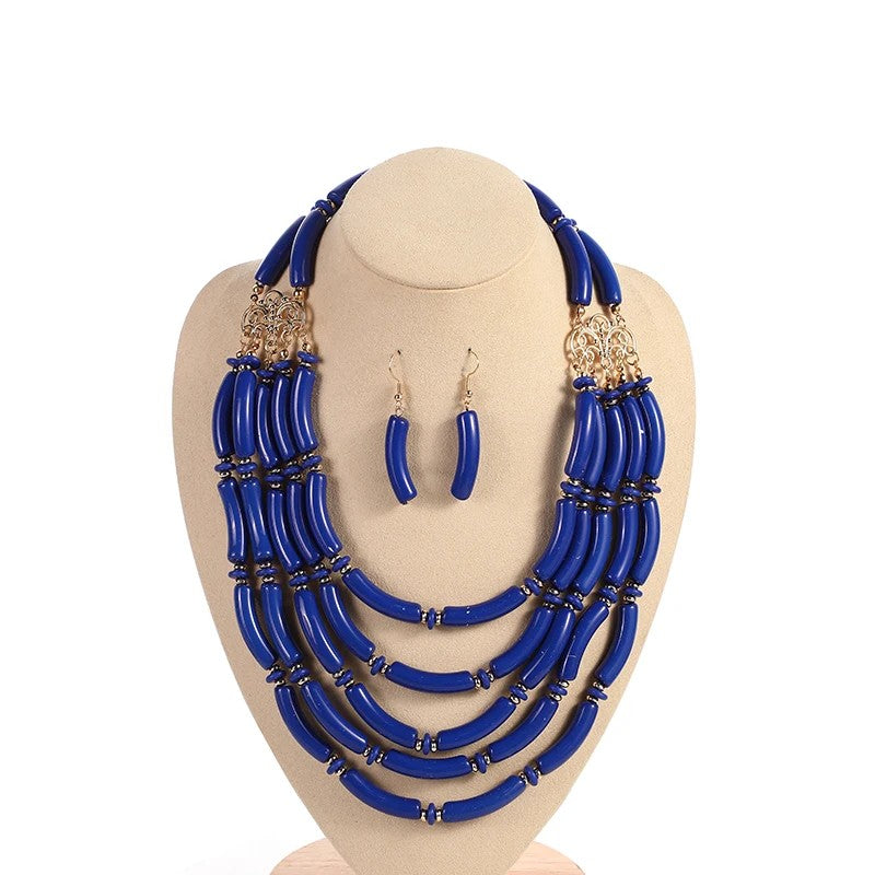 Blue Bead Layered Necklace Set
