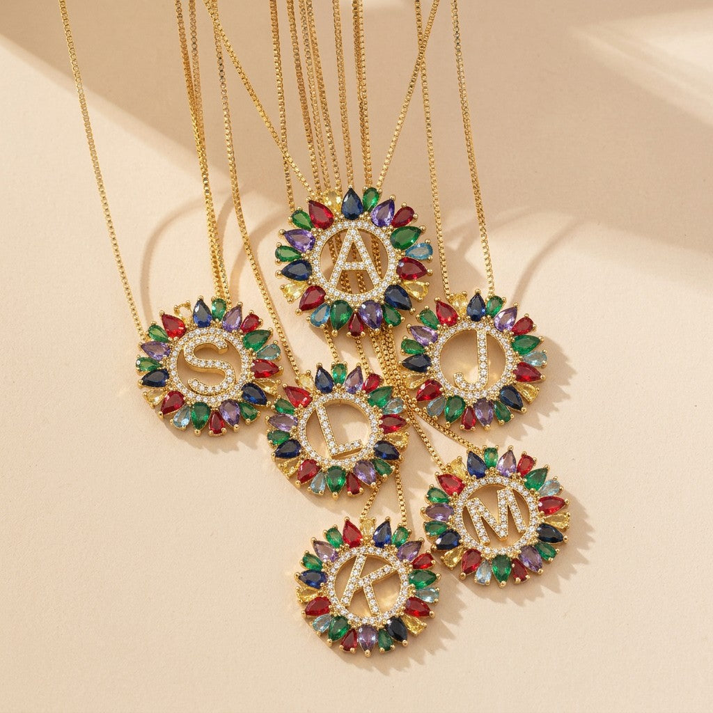 Multicolor Crystal Initial Sunburst Necklace