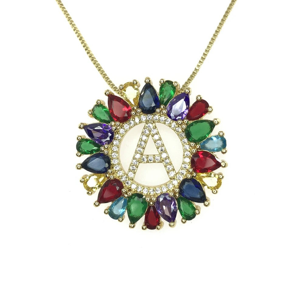 Multicolor Crystal Initial Sunburst Necklace