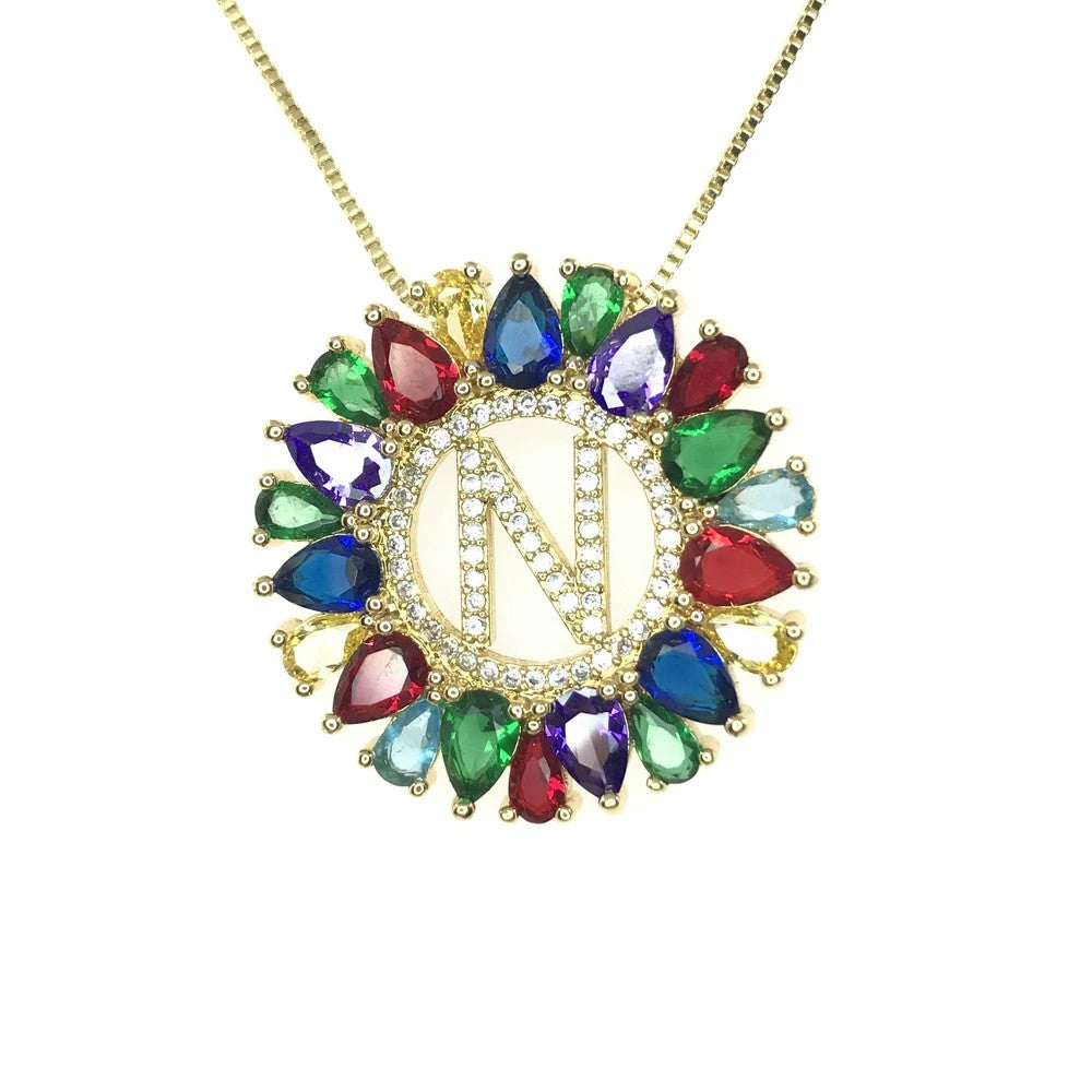 Multicolor Crystal Initial Sunburst Necklace