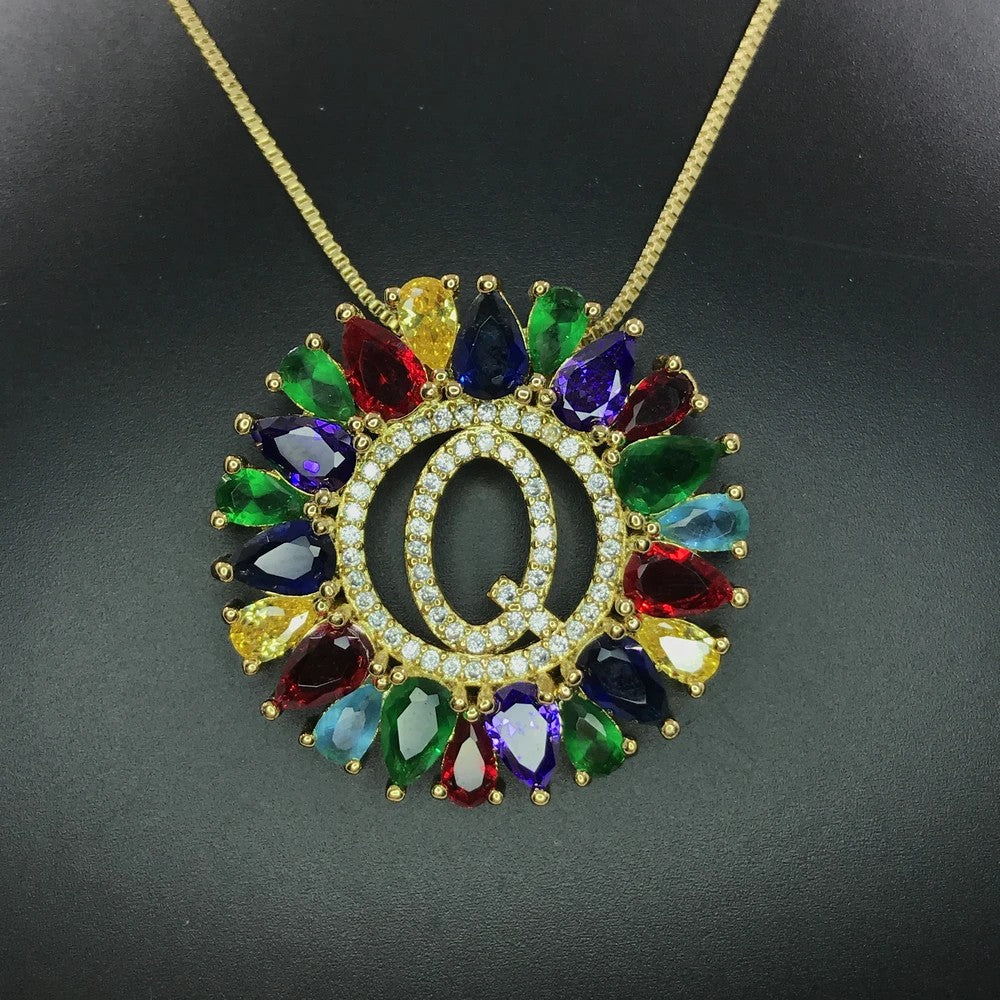 Multicolor Crystal Initial Sunburst Necklace