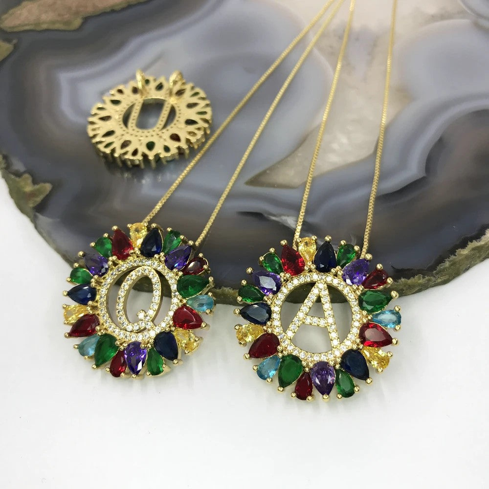Multicolor Crystal Initial Sunburst Necklace