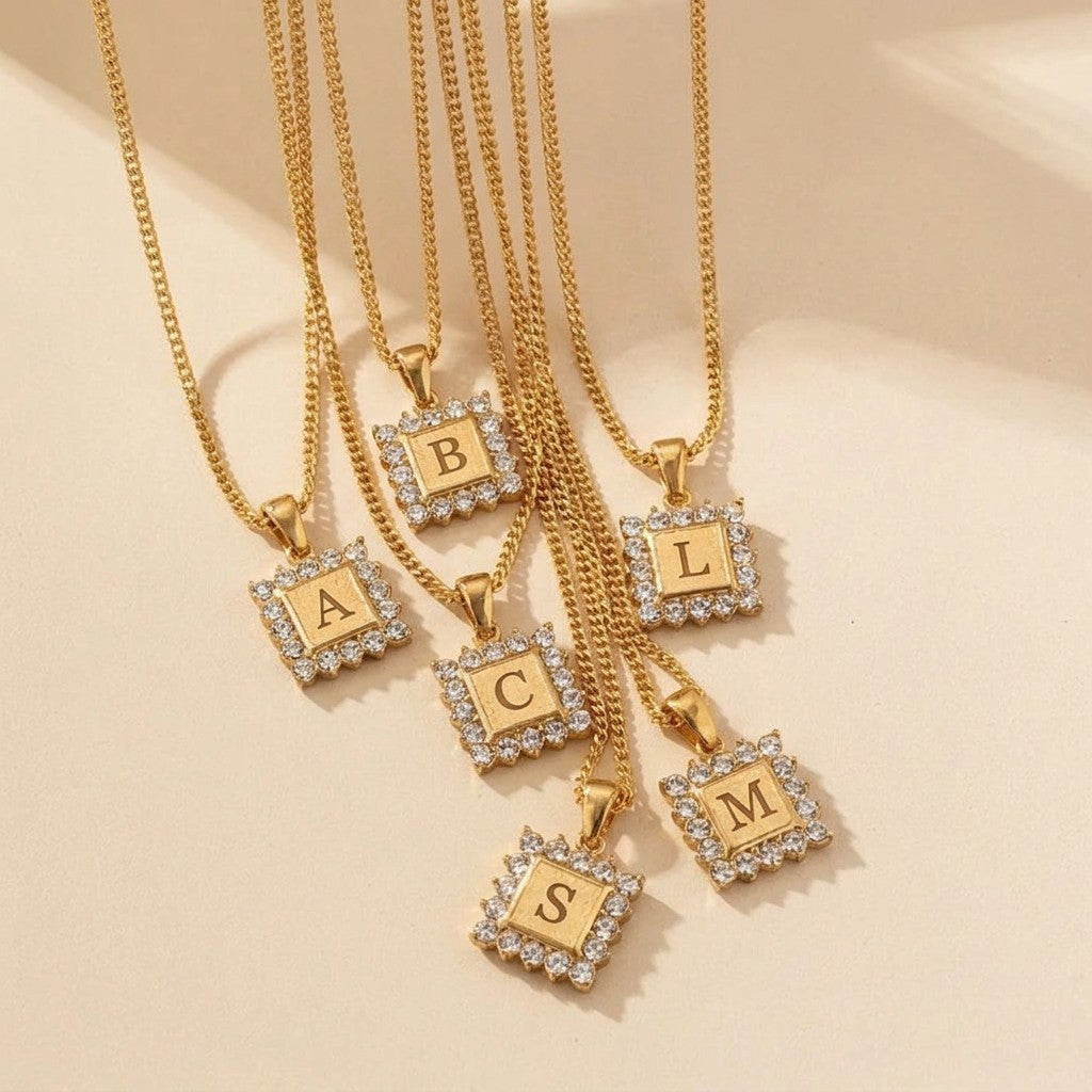 Crystal Initial Square Necklace