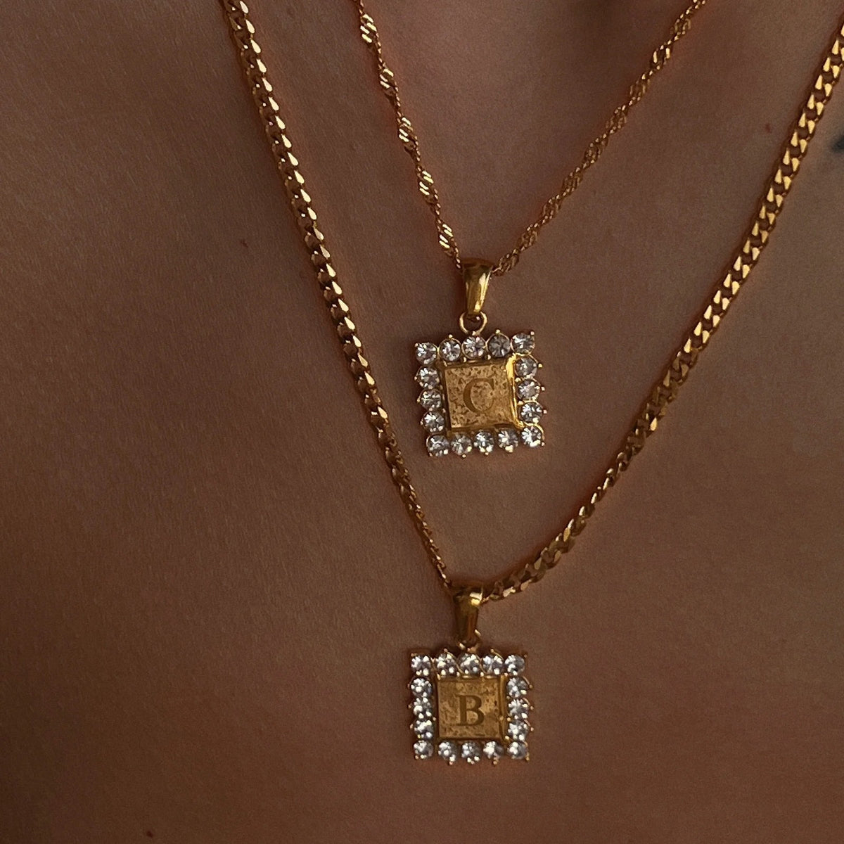 Crystal Initial Square Necklace