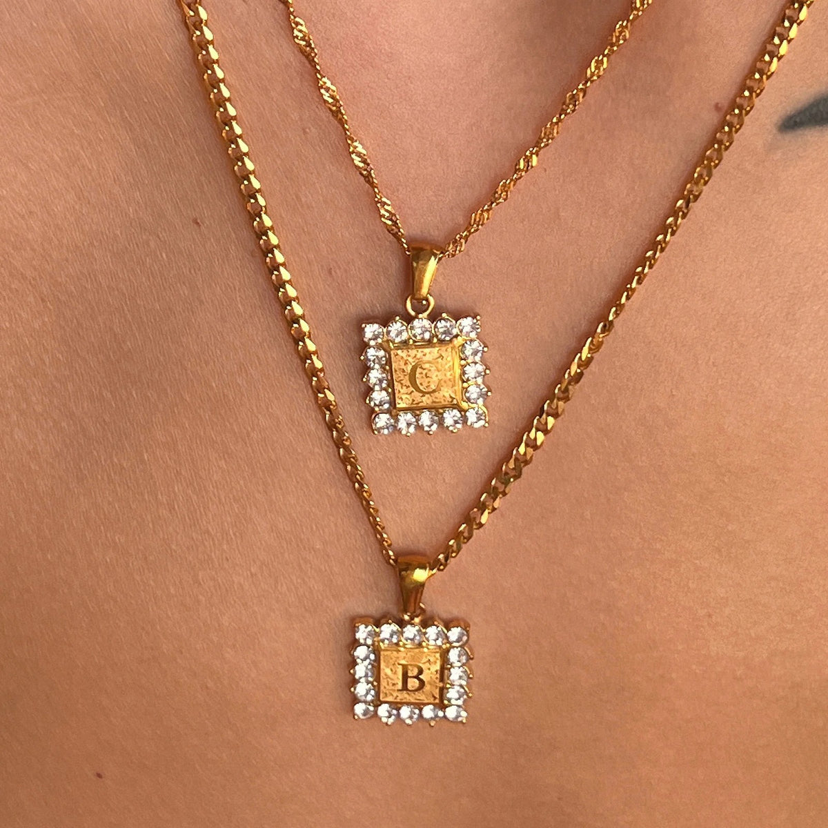 Crystal Initial Square Necklace