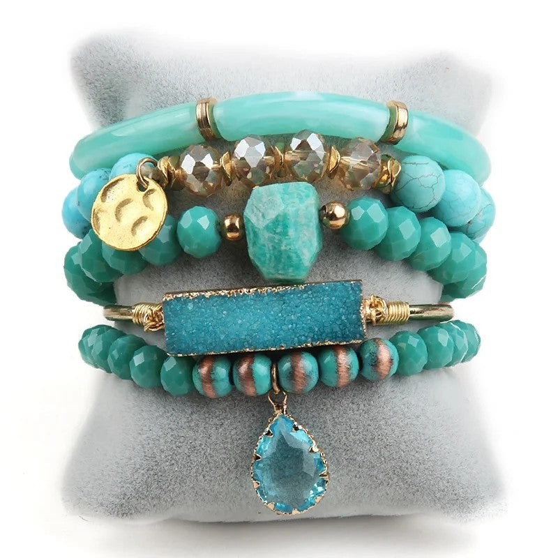 Turquoise Druzy & Bead Stack Bracelet Set