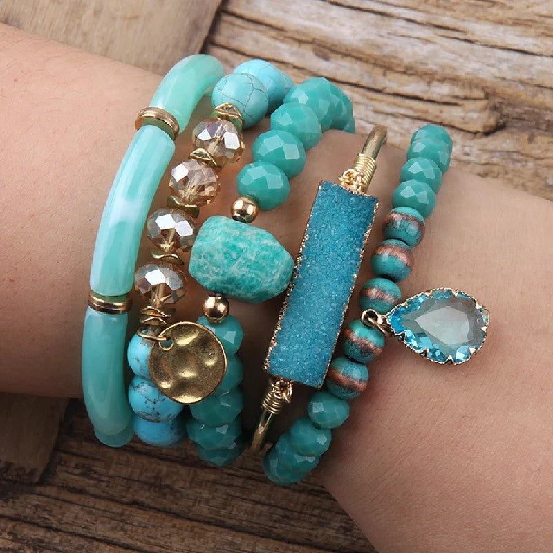 Turquoise Druzy & Bead Stack Bracelet Set