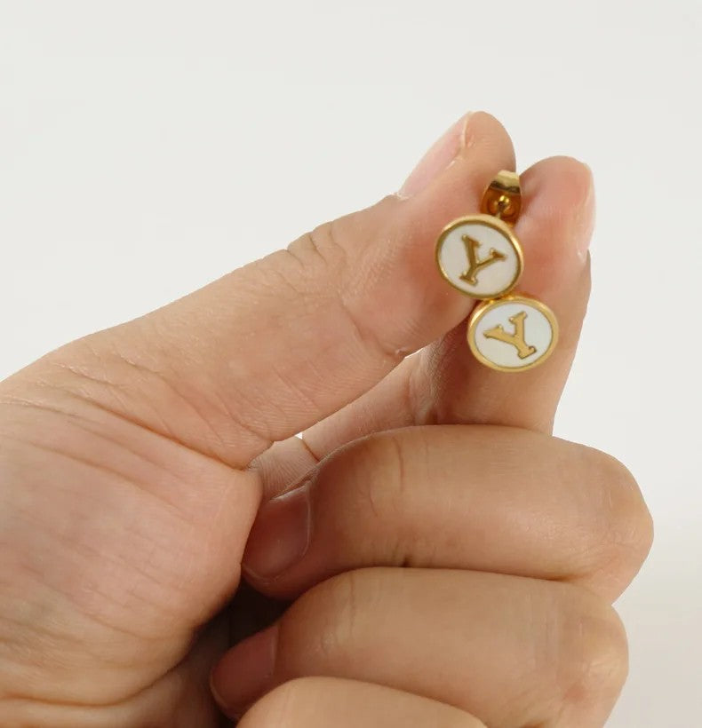 White Enamel Initial Letter Stud Earrings