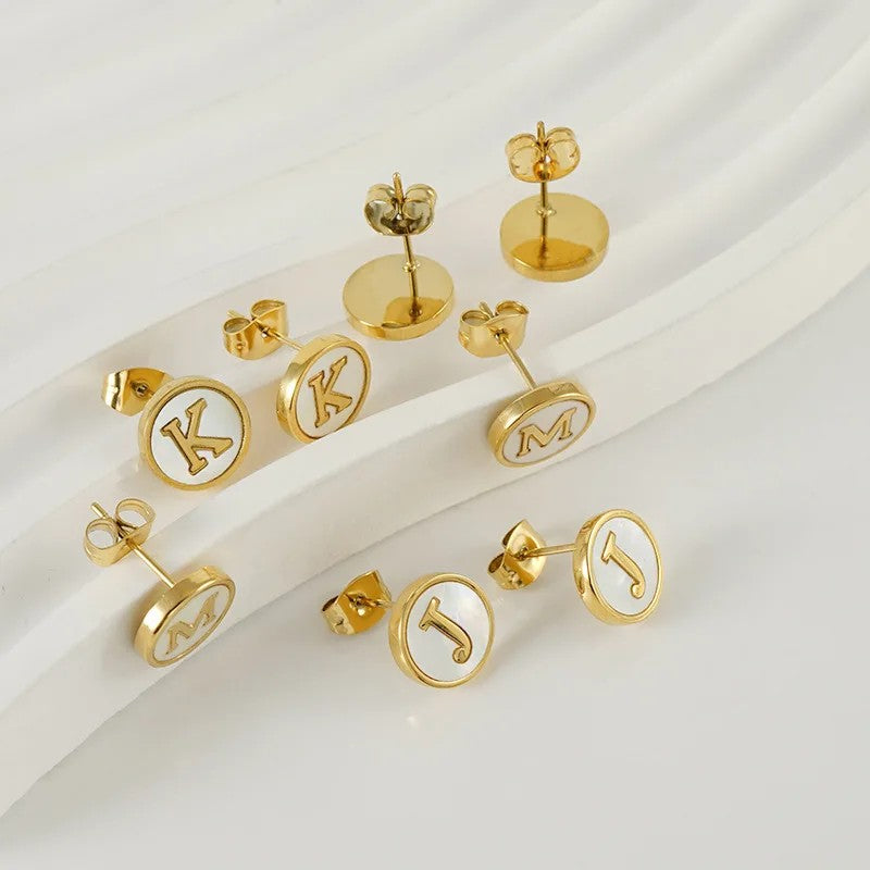White Enamel Initial Letter Stud Earrings