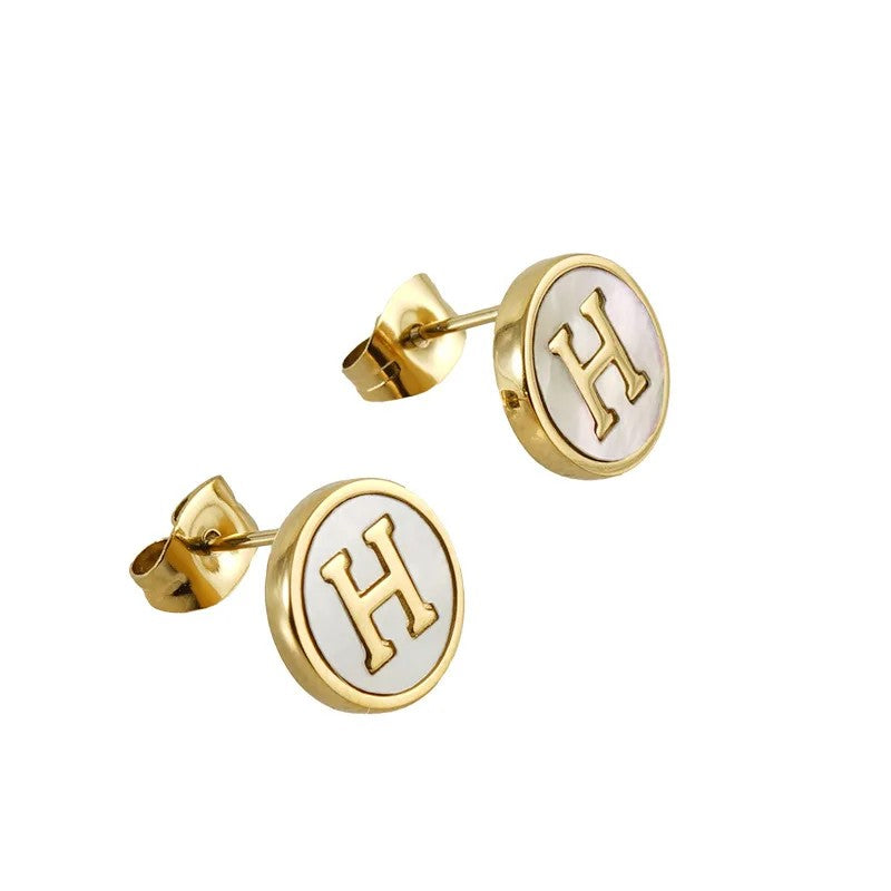 White Enamel Initial Letter Stud Earrings