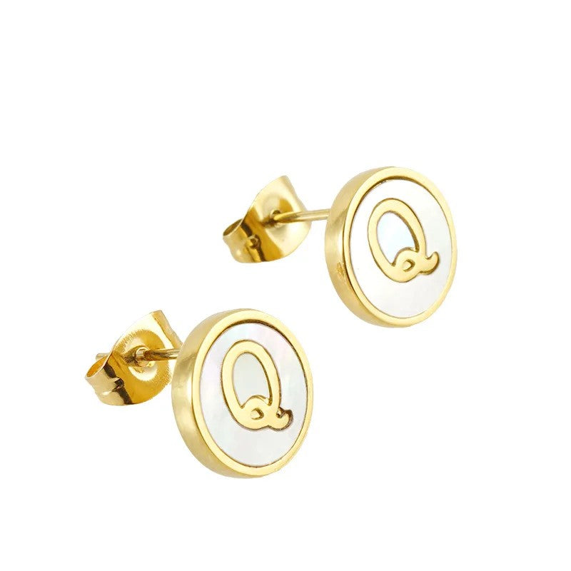 White Enamel Initial Letter Stud Earrings