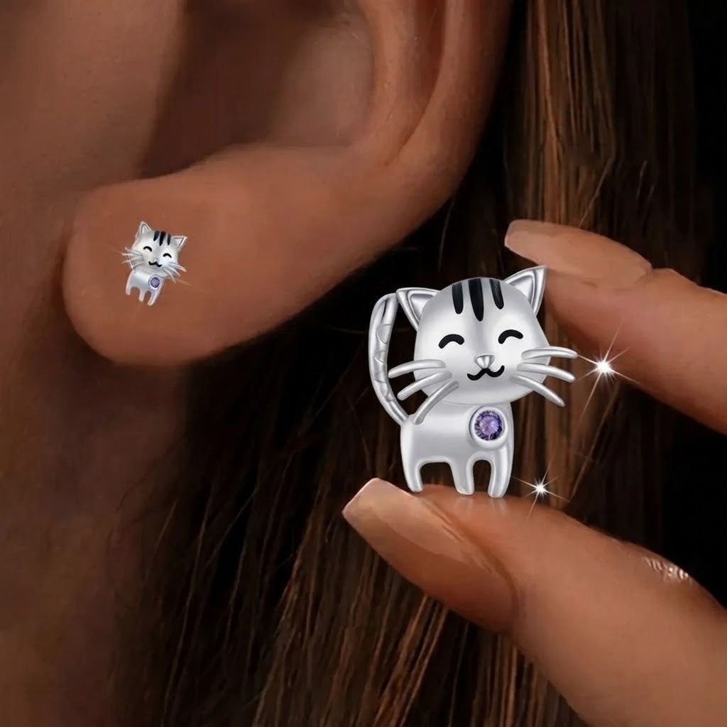 Striped Cat Zircon Stud Earrings