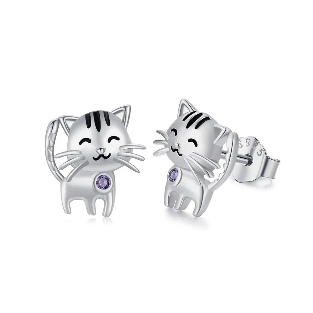 Striped Cat Zircon Stud Earrings