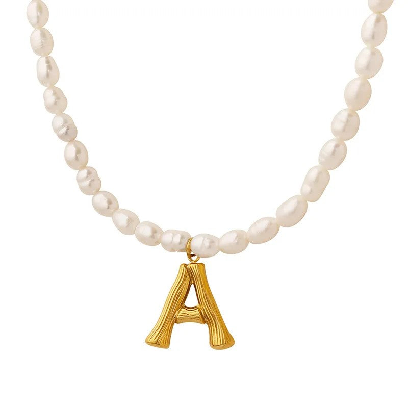 Wood Grain Initial Pearl Necklace