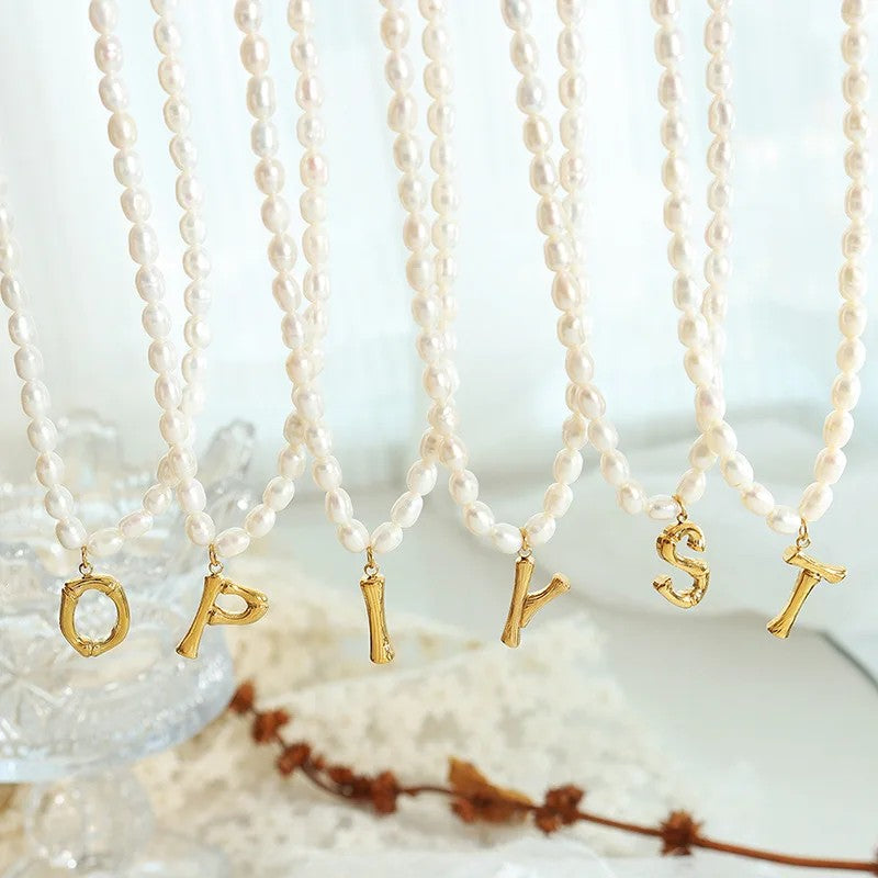 Wood Grain Initial Pearl Necklace