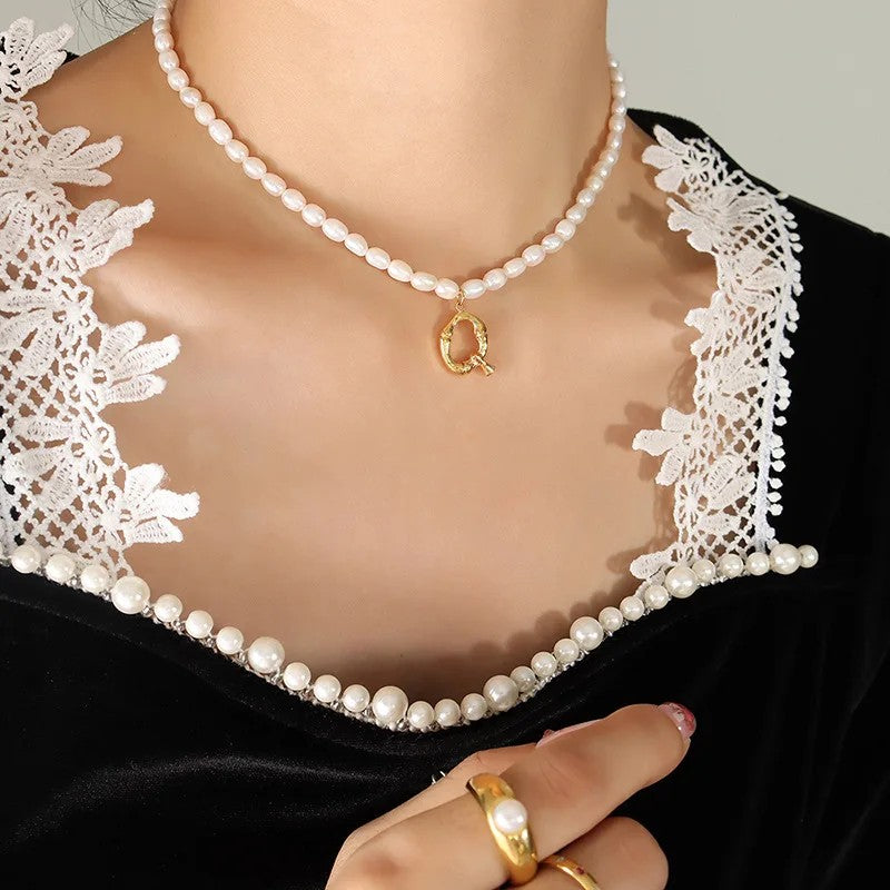 Wood Grain Initial Pearl Necklace