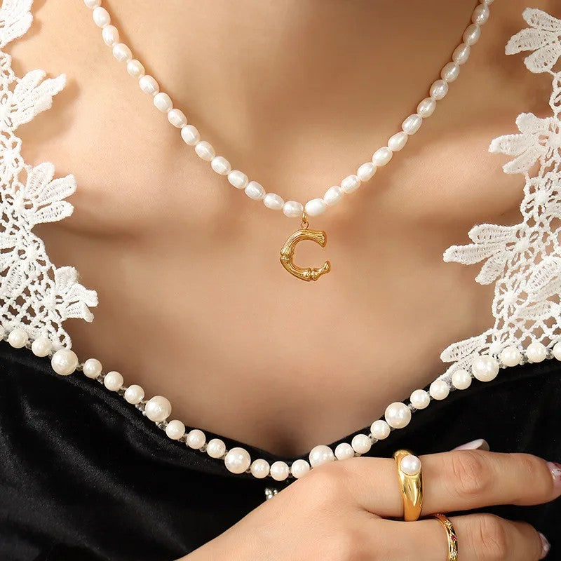 Wood Grain Initial Pearl Necklace