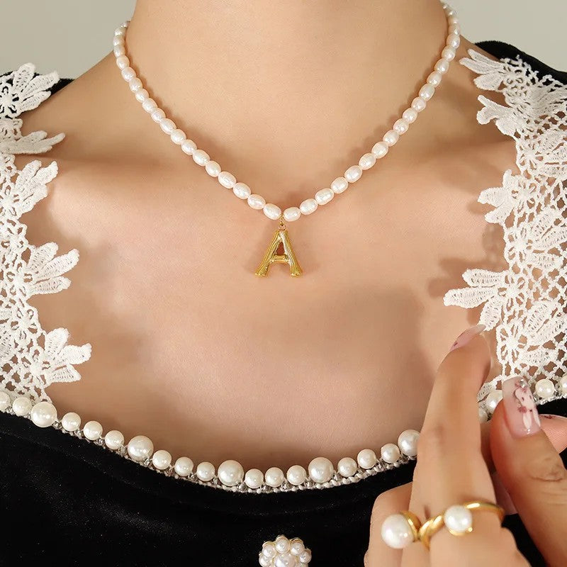 Wood Grain Initial Pearl Necklace