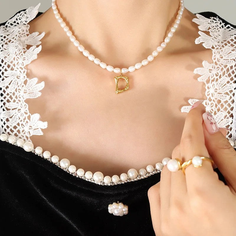 Wood Grain Initial Pearl Necklace