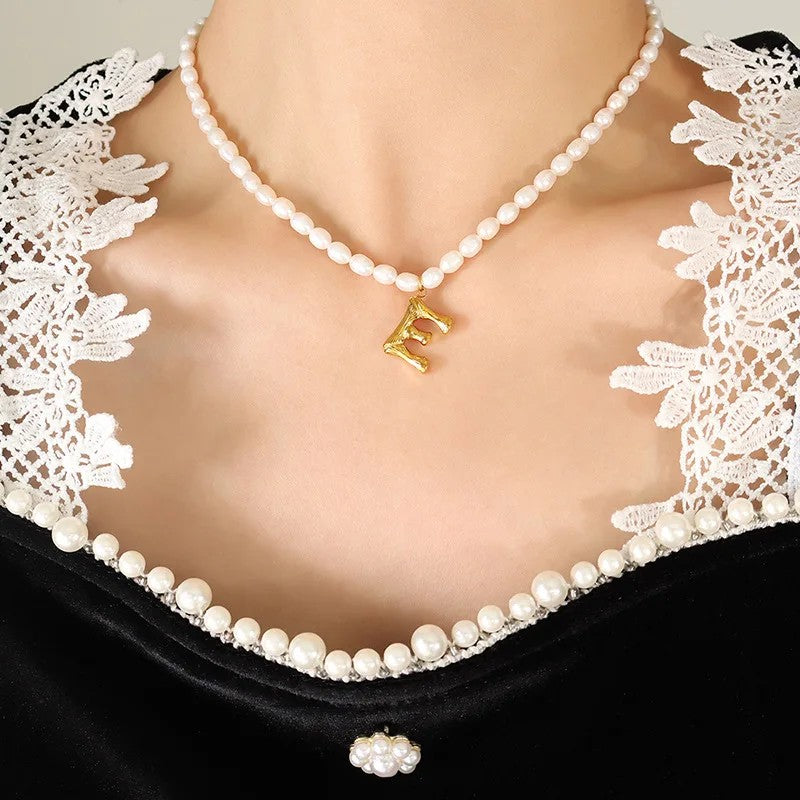 Wood Grain Initial Pearl Necklace