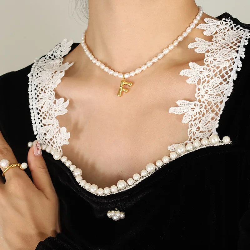 Wood Grain Initial Pearl Necklace