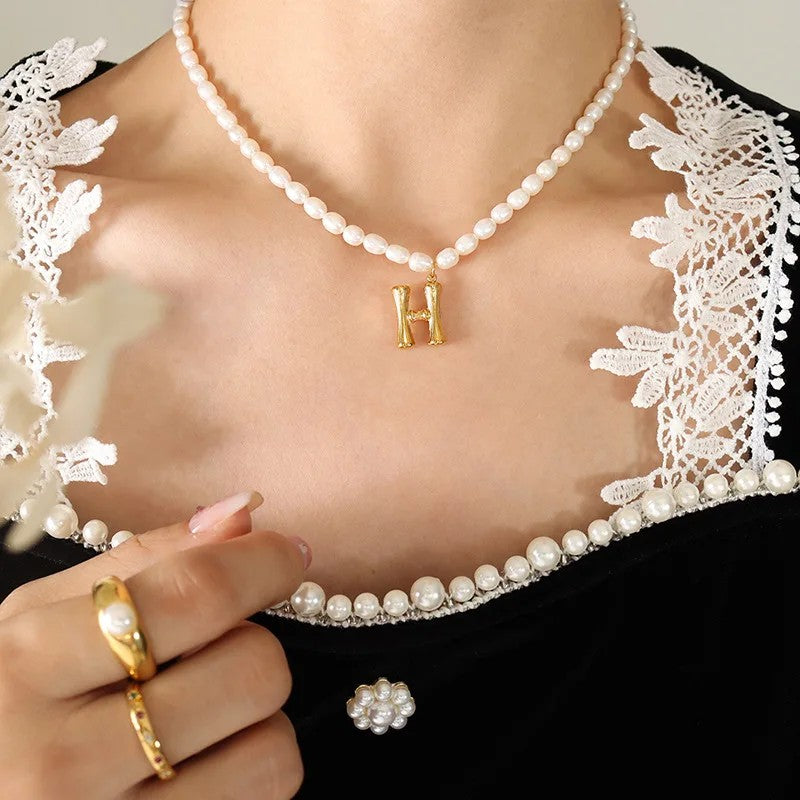Wood Grain Initial Pearl Necklace