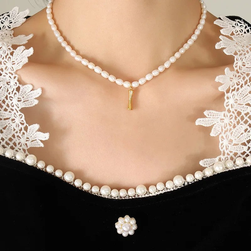 Wood Grain Initial Pearl Necklace