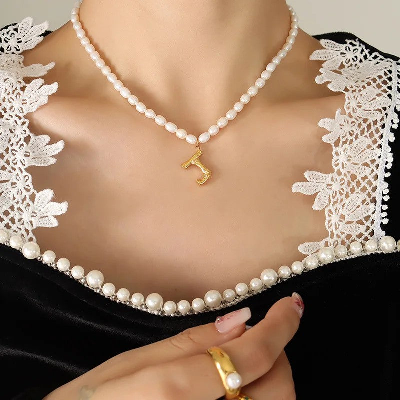 Wood Grain Initial Pearl Necklace