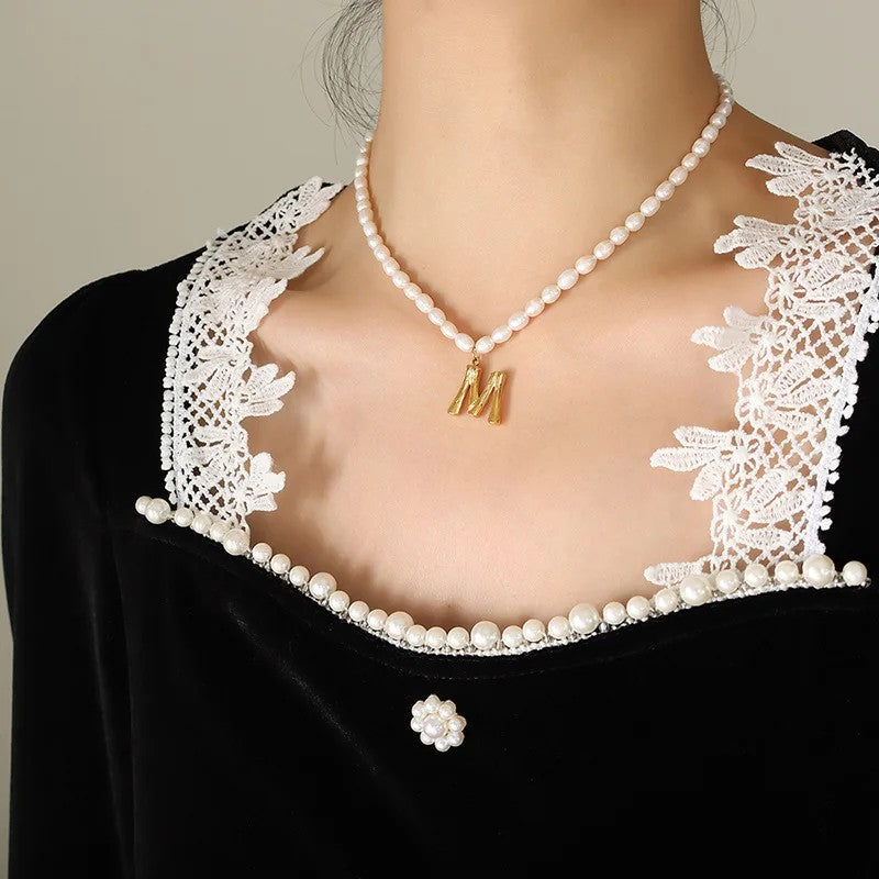 Wood Grain Initial Pearl Necklace