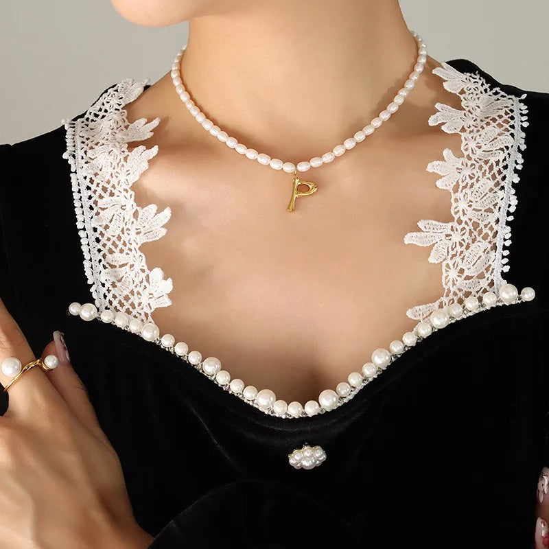 Wood Grain Initial Pearl Necklace