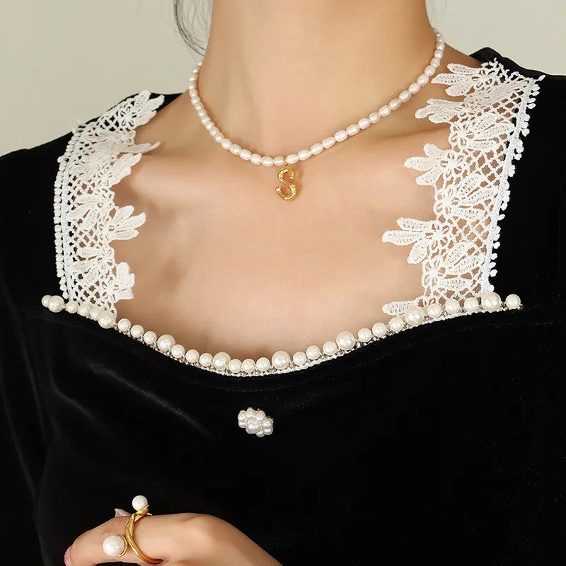Wood Grain Initial Pearl Necklace