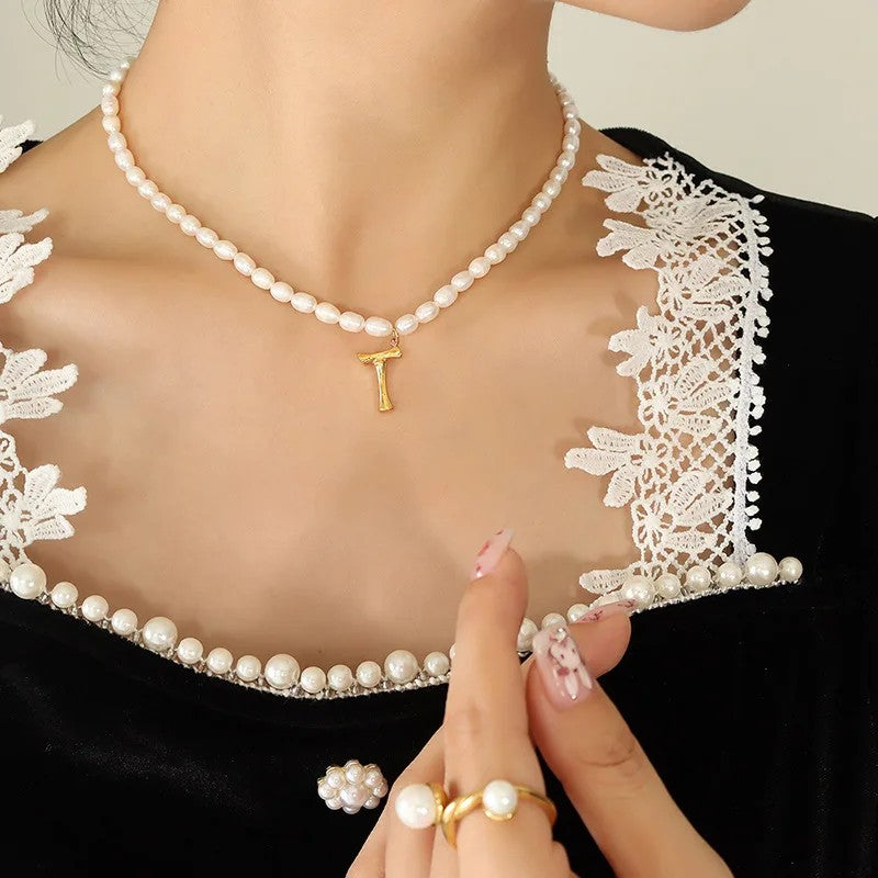 Wood Grain Initial Pearl Necklace