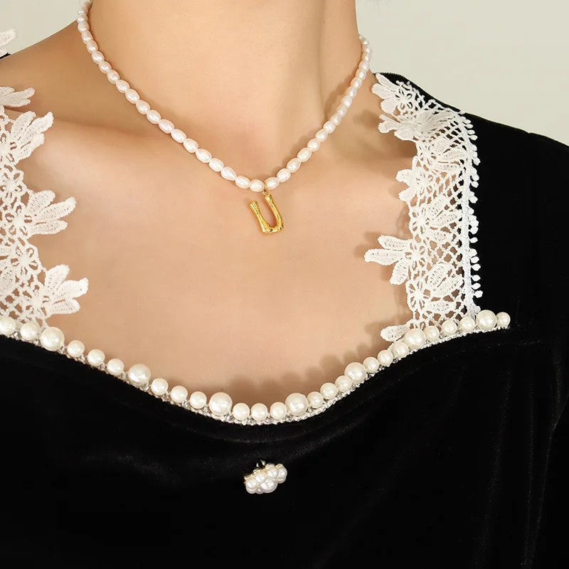 Wood Grain Initial Pearl Necklace