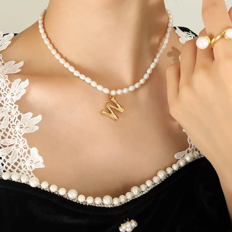 Wood Grain Initial Pearl Necklace