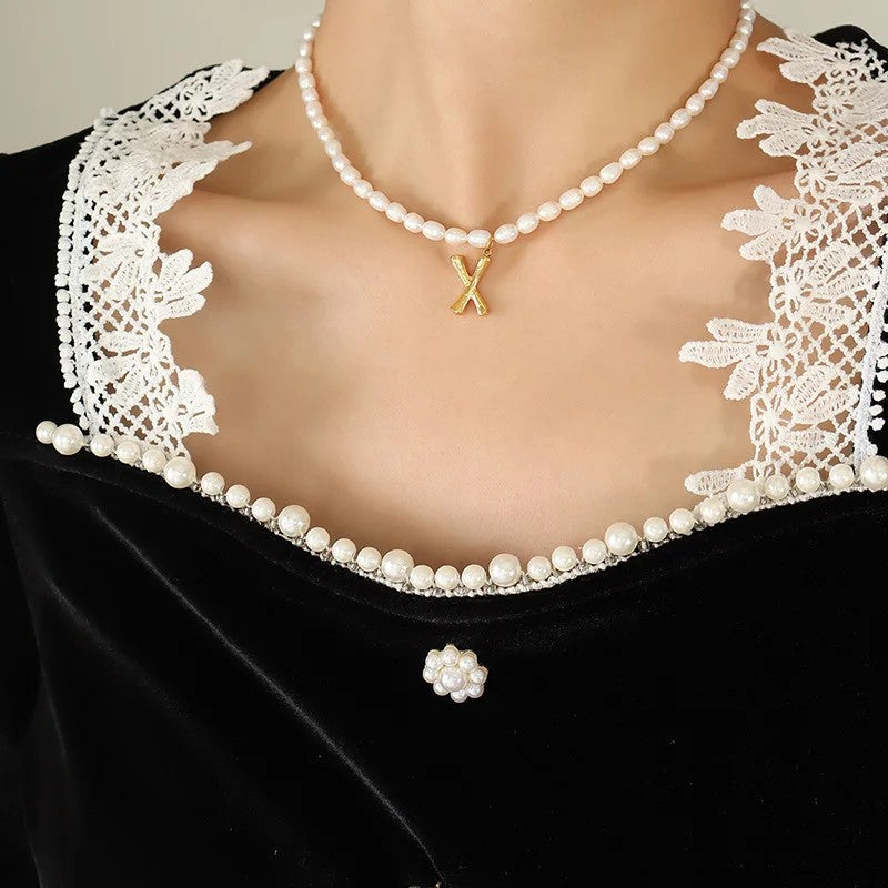 Wood Grain Initial Pearl Necklace