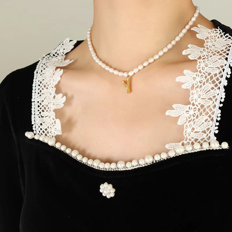 Wood Grain Initial Pearl Necklace