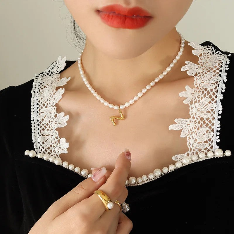 Wood Grain Initial Pearl Necklace