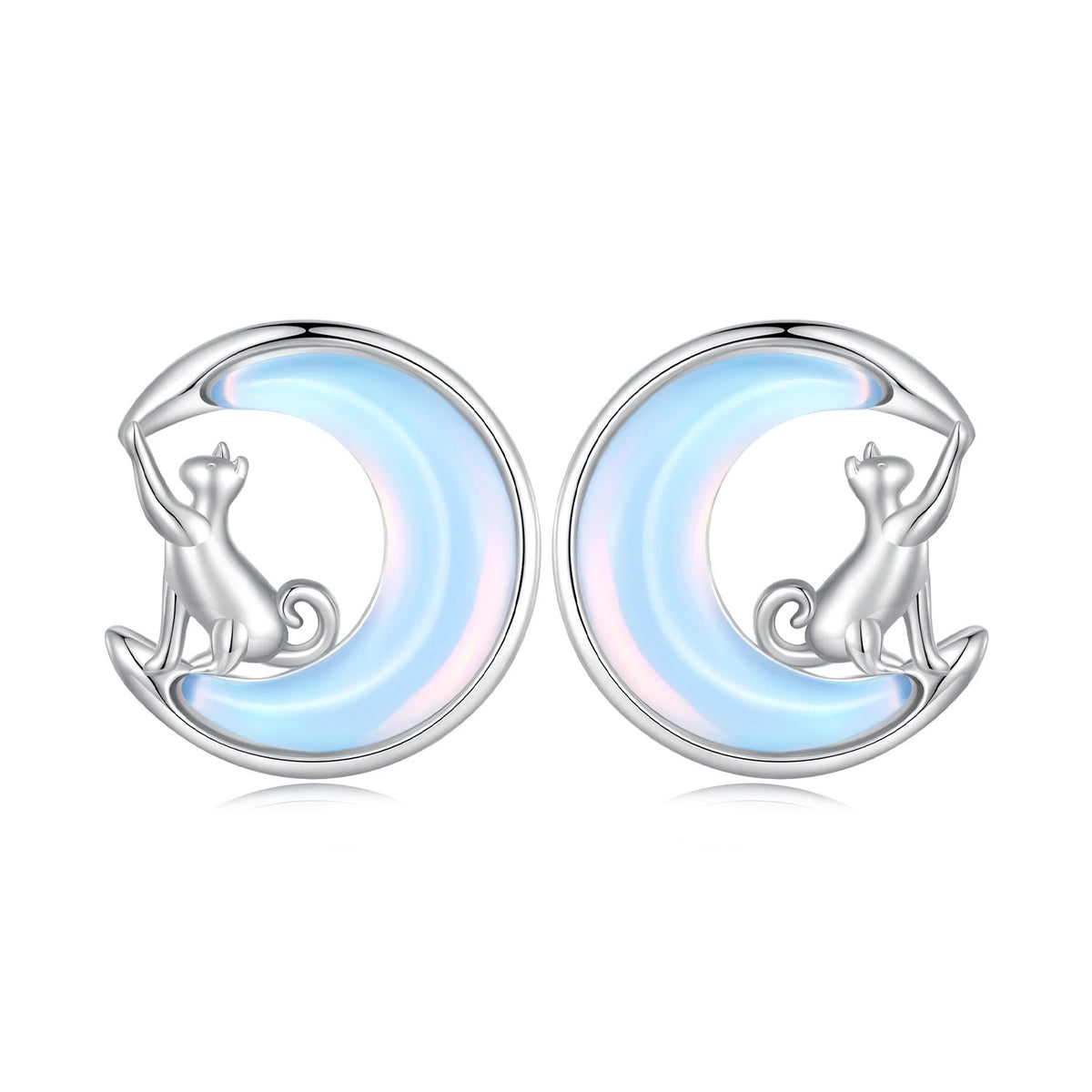 Opal Crescent Moon Cat Stud Earrings