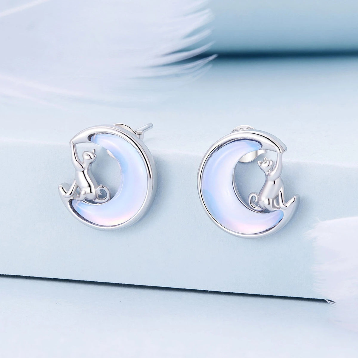 Opal Crescent Moon Cat Stud Earrings