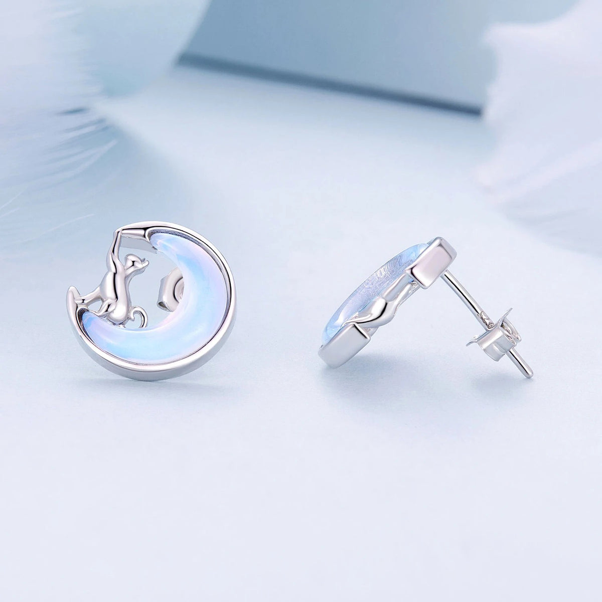 Opal Crescent Moon Cat Stud Earrings